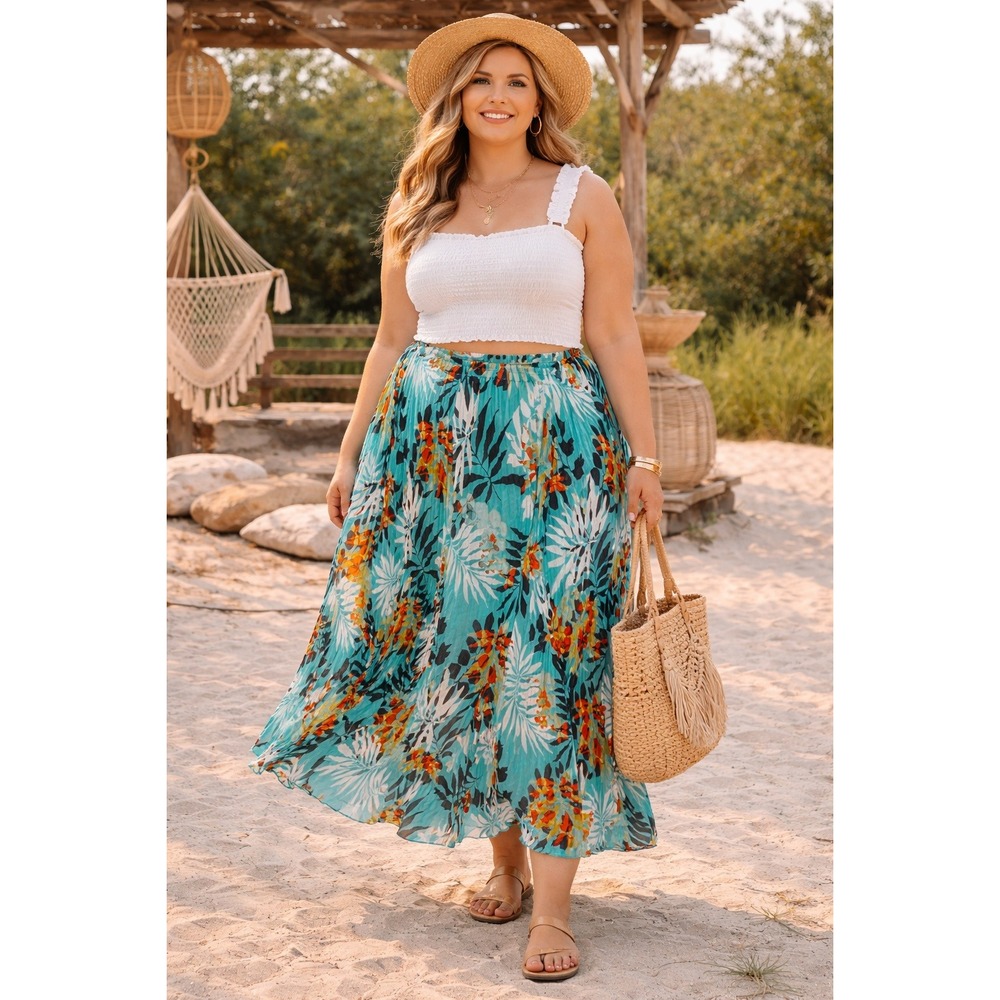 Boho Festival Wedding Ruby Rd Turquoise Floral Tropical Pleated Midi 18W Skirt